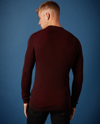 Man wearing a red Slim Fit Merino Wool-Blend Long Sleeve Polo Shirt