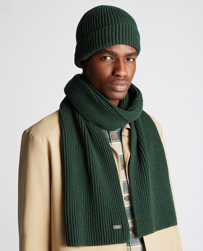 Man wearing a green Rib-Knit Wool Rich Beanie