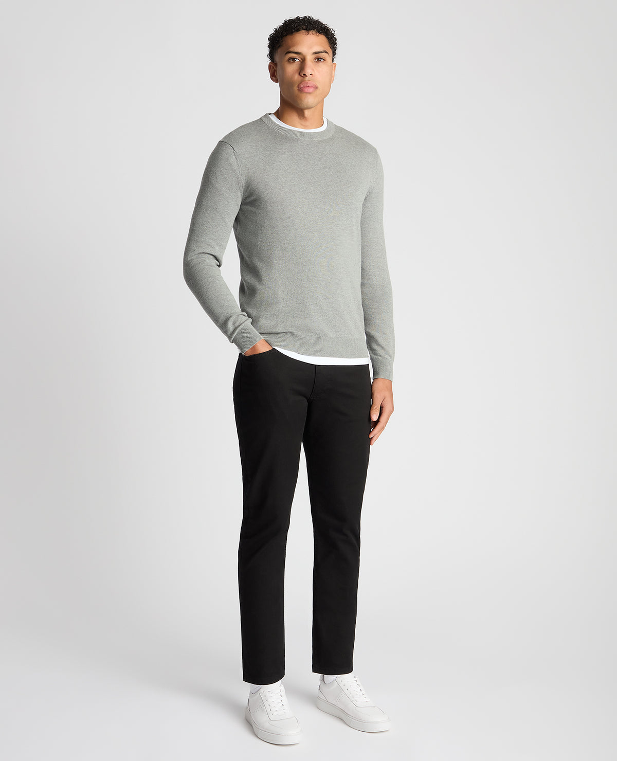 Man wearing a grey Tapered Fit Cotton Crew Neck Sweater