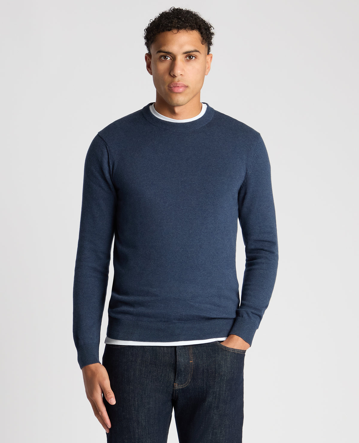 Man wearing a blue Tapered Fit Cotton Crew Neck Sweater