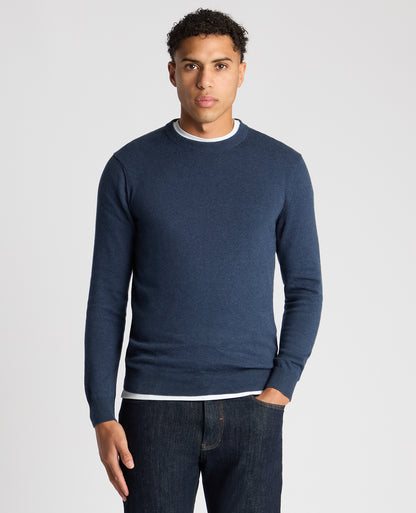 Man wearing a blue Tapered Fit Cotton Crew Neck Sweater