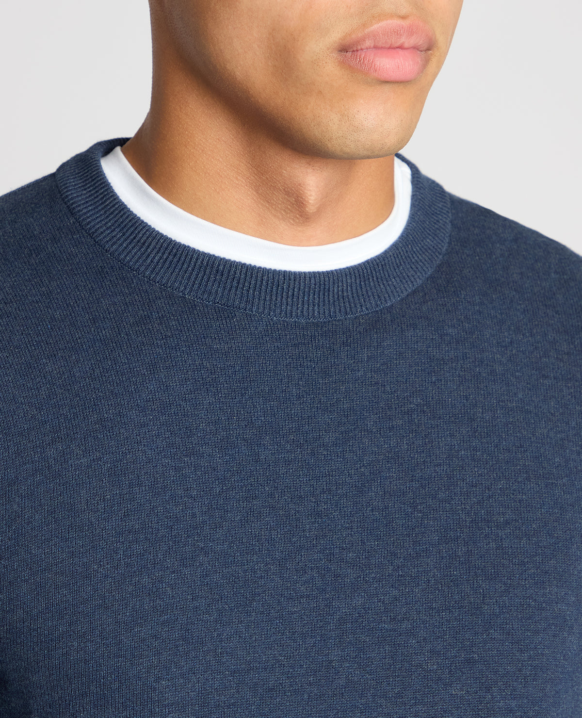 Man wearing a blue Tapered Fit Cotton Crew Neck Sweater
