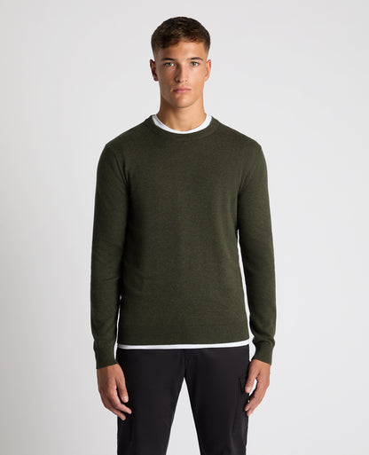 Man wearing a green Tapered Fit Cotton Crew Neck Sweater