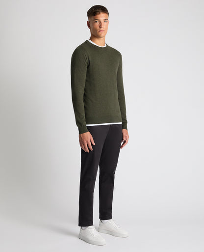 Man wearing a green Tapered Fit Cotton Crew Neck Sweater