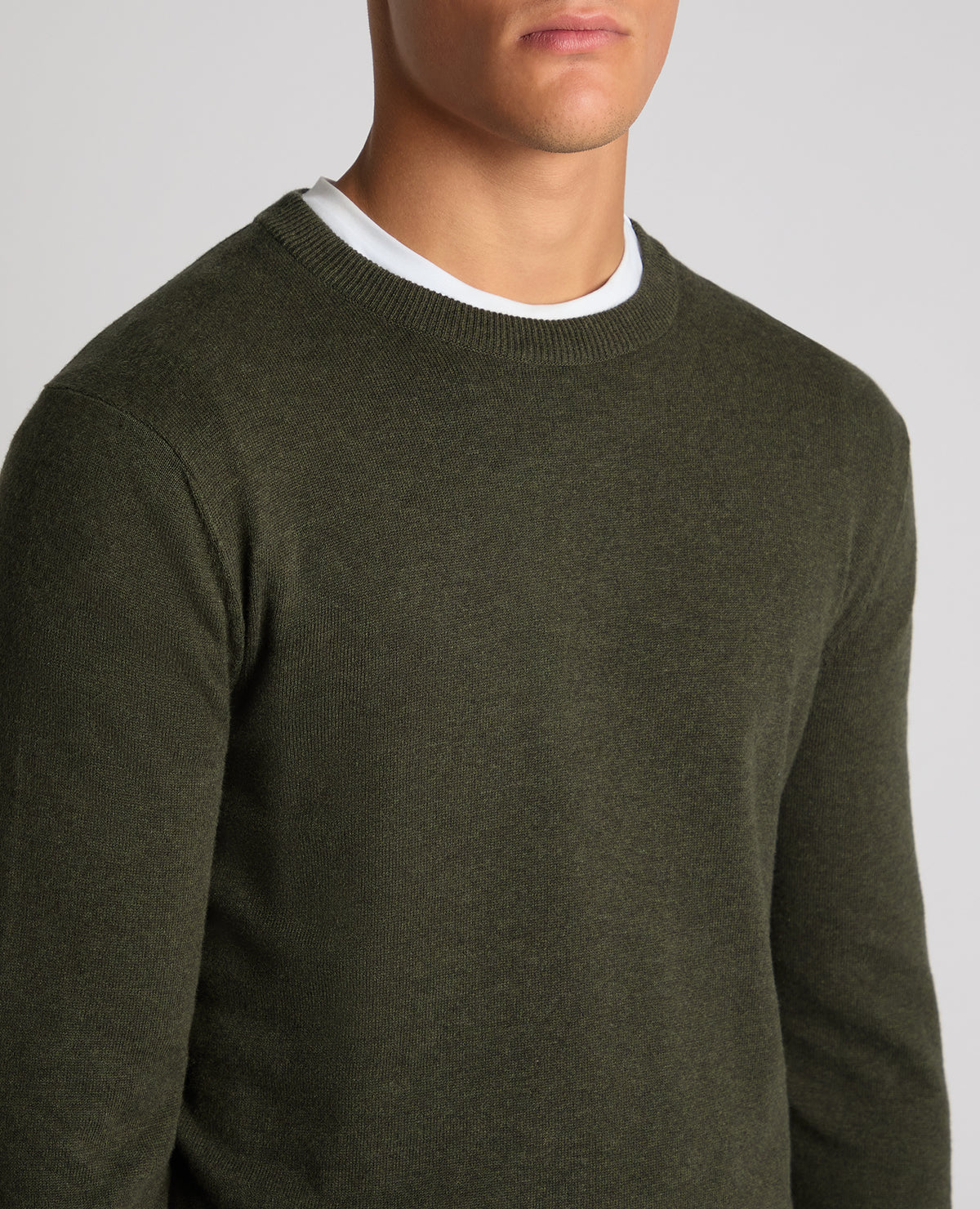 Man wearing a green Tapered Fit Cotton Crew Neck Sweater