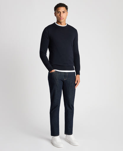 Man wearing a navy Tapered Fit Cotton Crew Neck Sweater