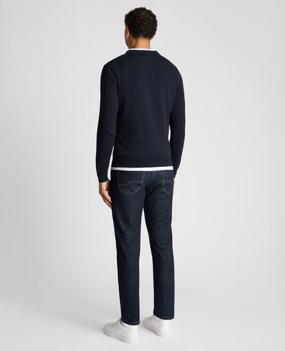Man wearing a navy Tapered Fit Cotton Crew Neck Sweater