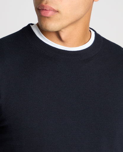 Man wearing a navy Tapered Fit Cotton Crew Neck Sweater