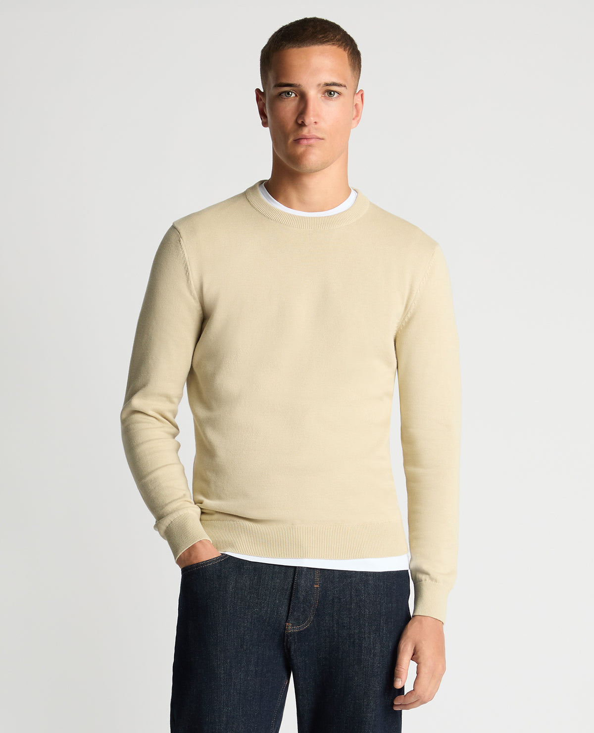 Man wearing a sand Tapered Fit Cotton Crew Neck Sweater