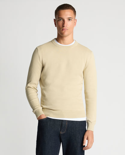 Man wearing a sand Tapered Fit Cotton Crew Neck Sweater