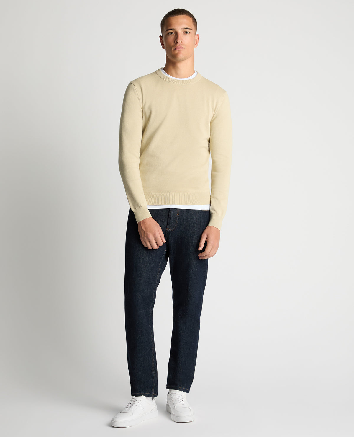 Man wearing a sand Tapered Fit Cotton Crew Neck Sweater