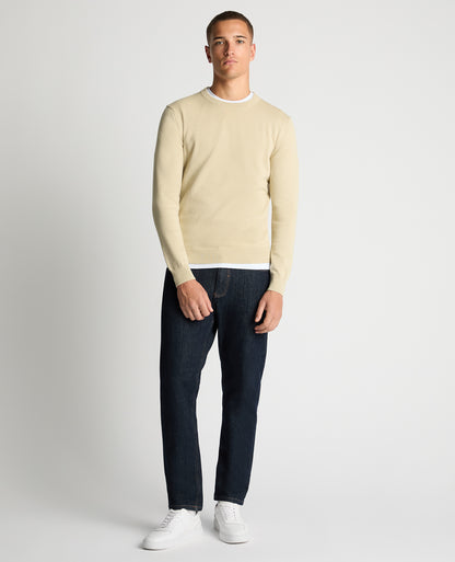 Man wearing a sand Tapered Fit Cotton Crew Neck Sweater