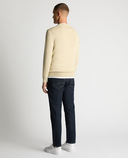 Man wearing a sand Tapered Fit Cotton Crew Neck Sweater