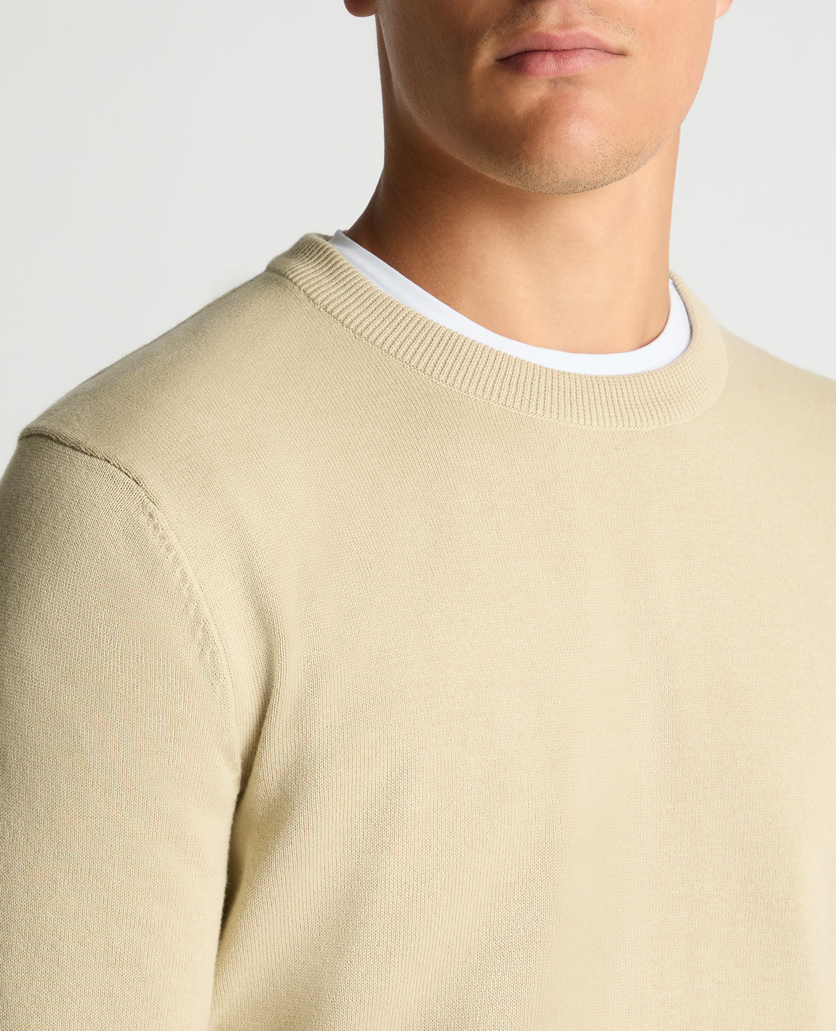 Man wearing a sand Tapered Fit Cotton Crew Neck Sweater