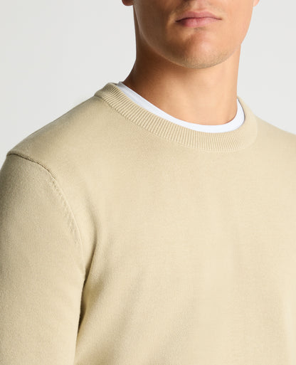 Man wearing a sand Tapered Fit Cotton Crew Neck Sweater