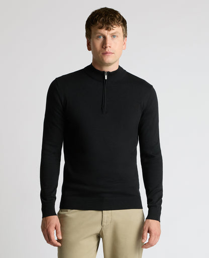 Man wearing a black Half Zip Cotton Sweater