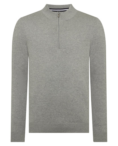 Man wearing a grey Tapered Fit Half Zip Cotton Sweater