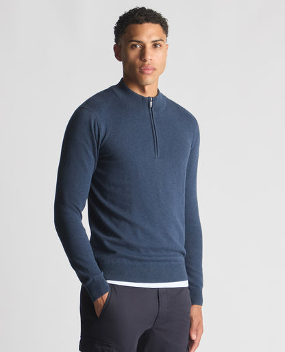 Man wearing a blue Tapered Fit Half Zip Cotton Sweater