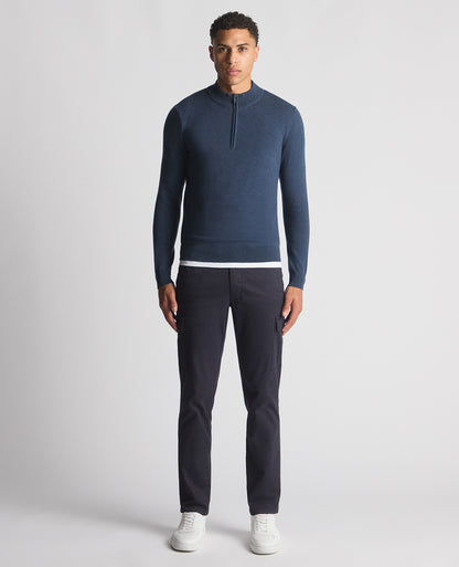 Man wearing a blue Tapered Fit Half Zip Cotton Sweater