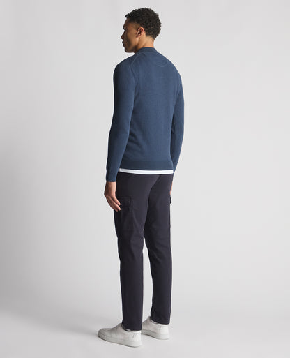 Man wearing a blue Tapered Fit Half Zip Cotton Sweater
