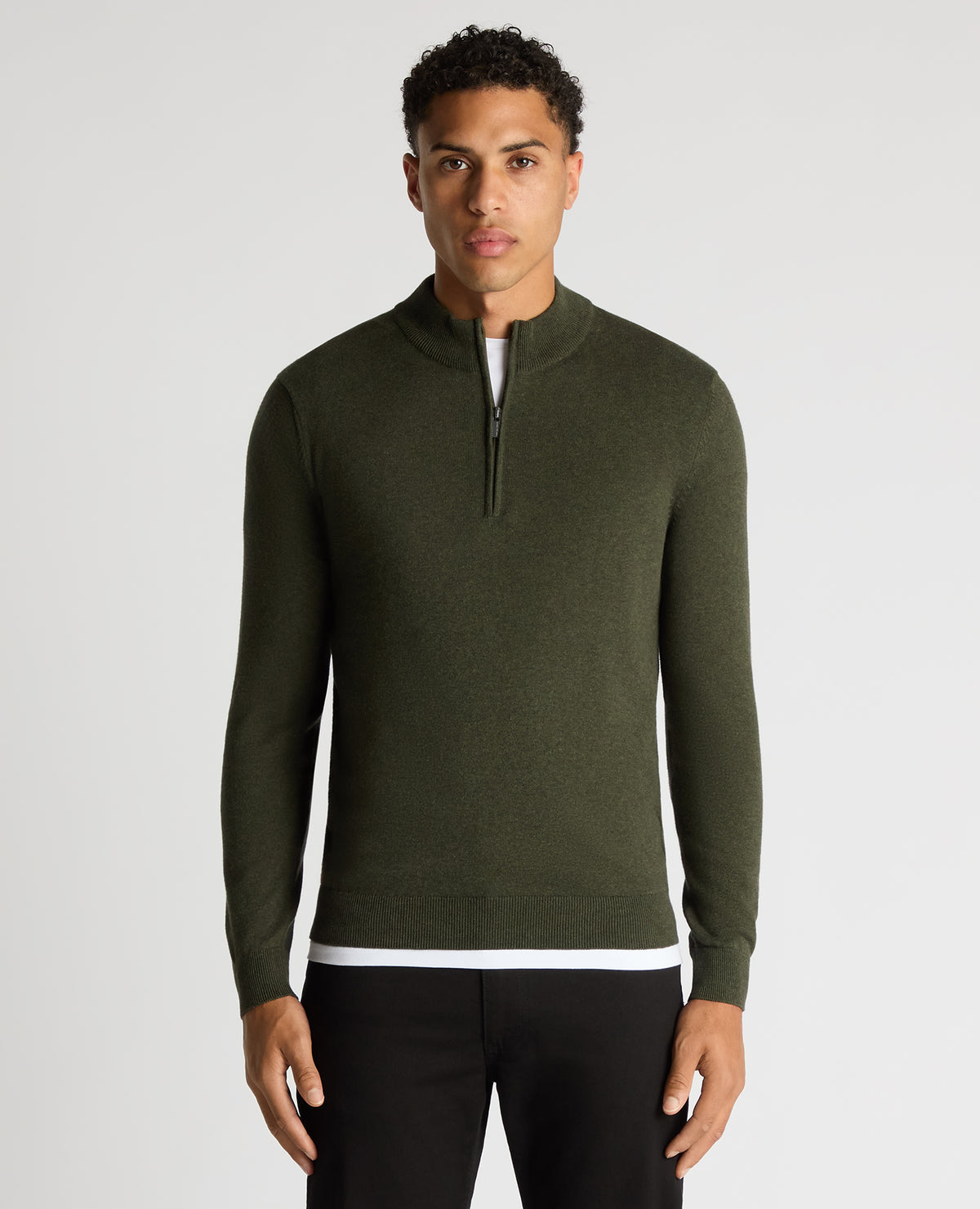 Man wearing a green Tapered Fit Half Zip Cotton Sweater