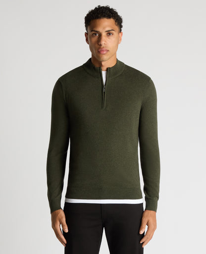 Man wearing a green Tapered Fit Half Zip Cotton Sweater