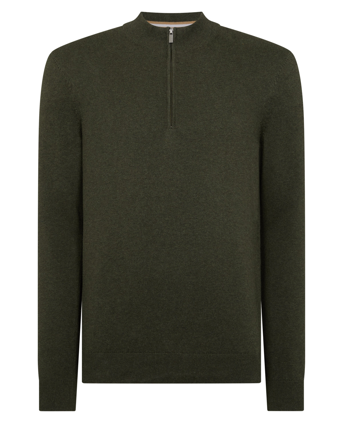 Man wearing a green Tapered Fit Half Zip Cotton Sweater