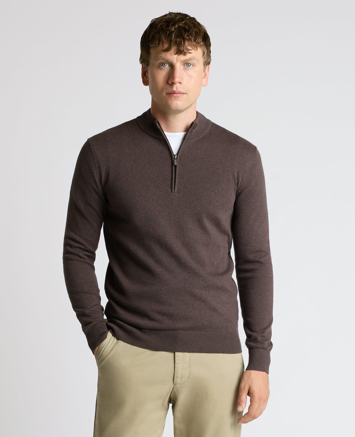 Man wearing a brown Half Zip Cotton Sweater