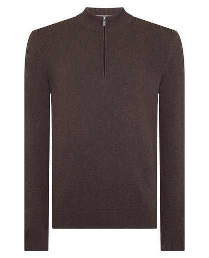 Man wearing a brown Half Zip Cotton Sweater