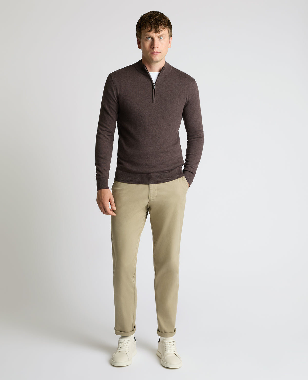 Man wearing a brown Half Zip Cotton Sweater