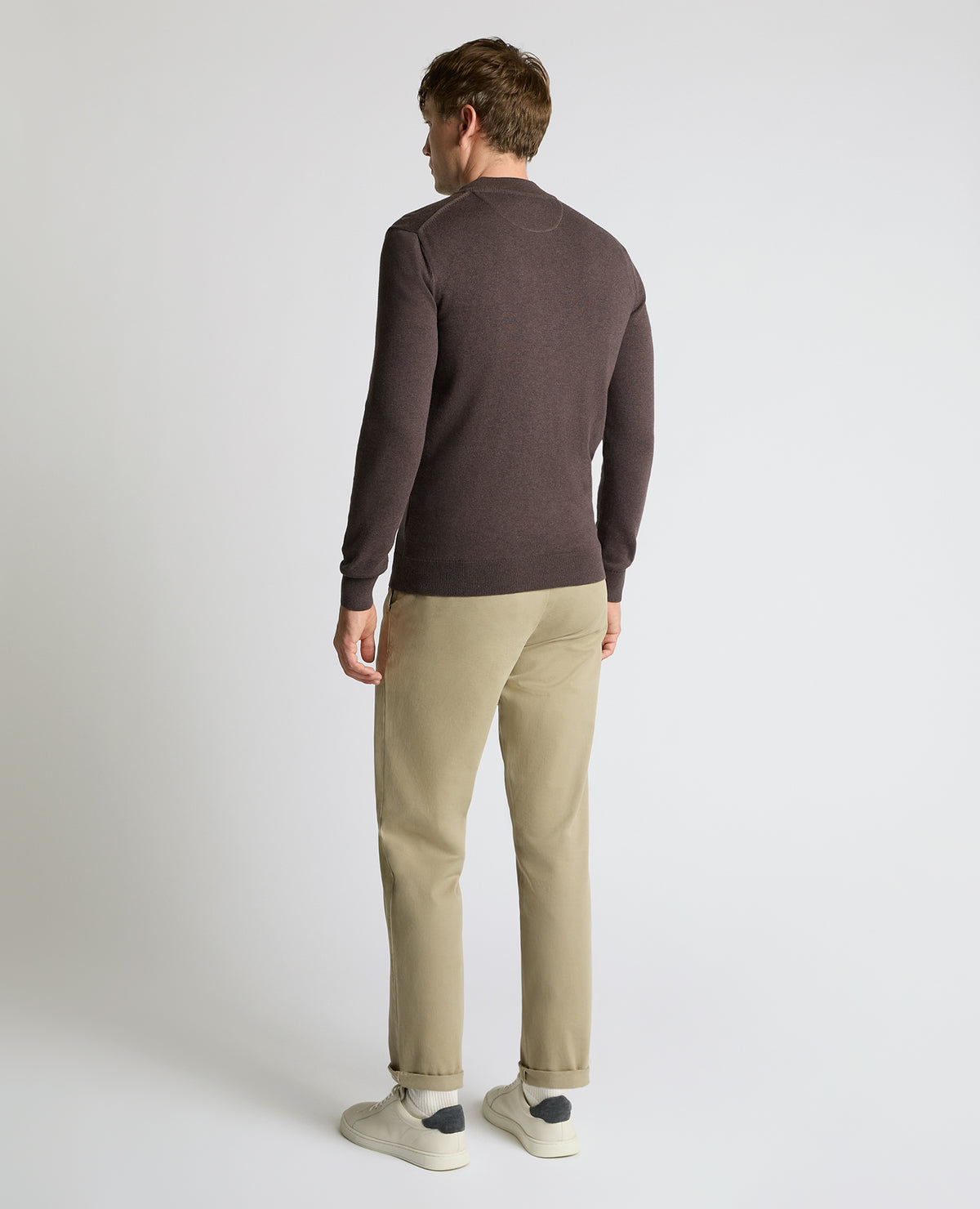 Man wearing a brown Half Zip Cotton Sweater