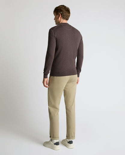 Man wearing a brown Half Zip Cotton Sweater