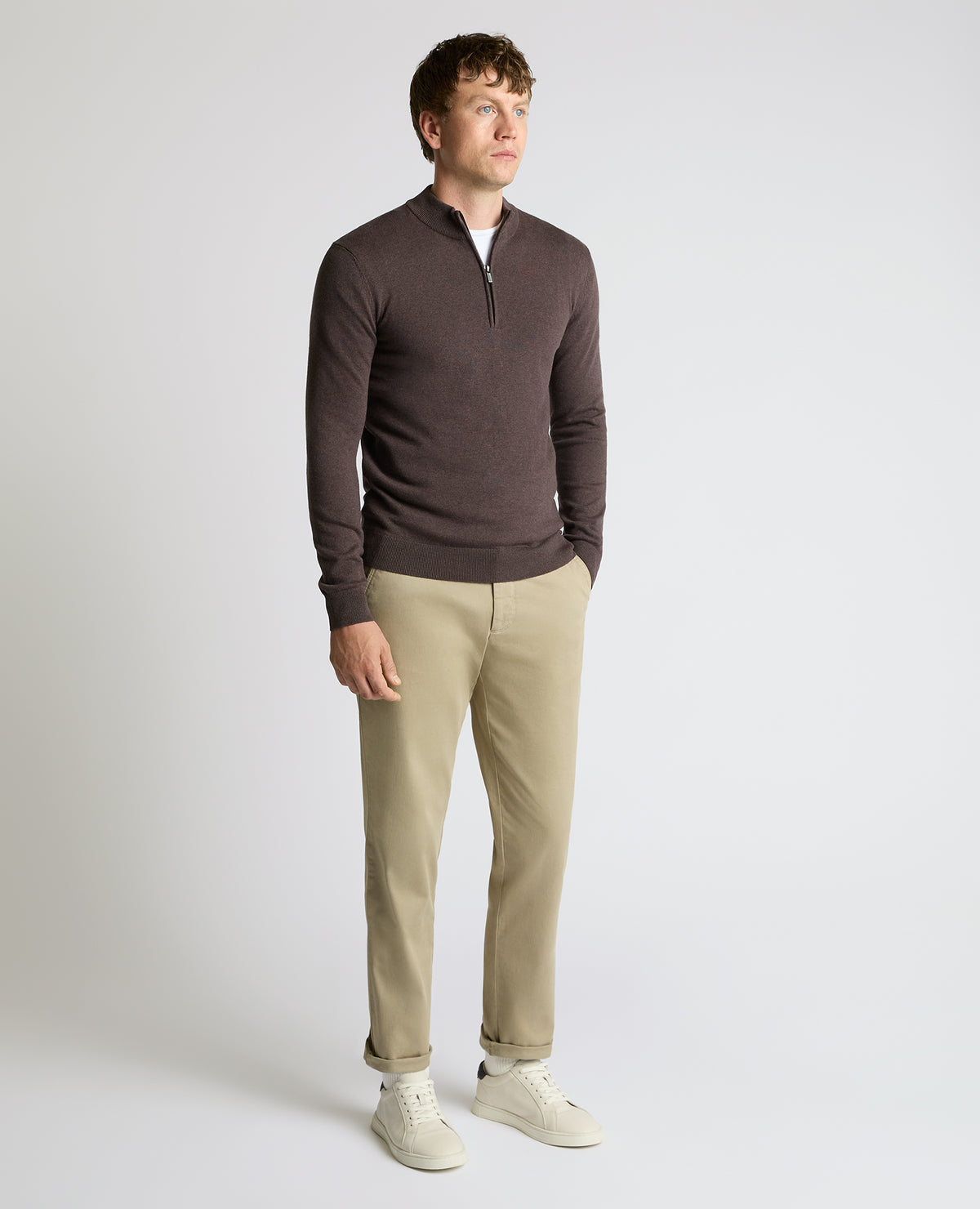 Man wearing a brown Half Zip Cotton Sweater