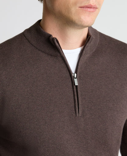 Man wearing a brown Half Zip Cotton Sweater
