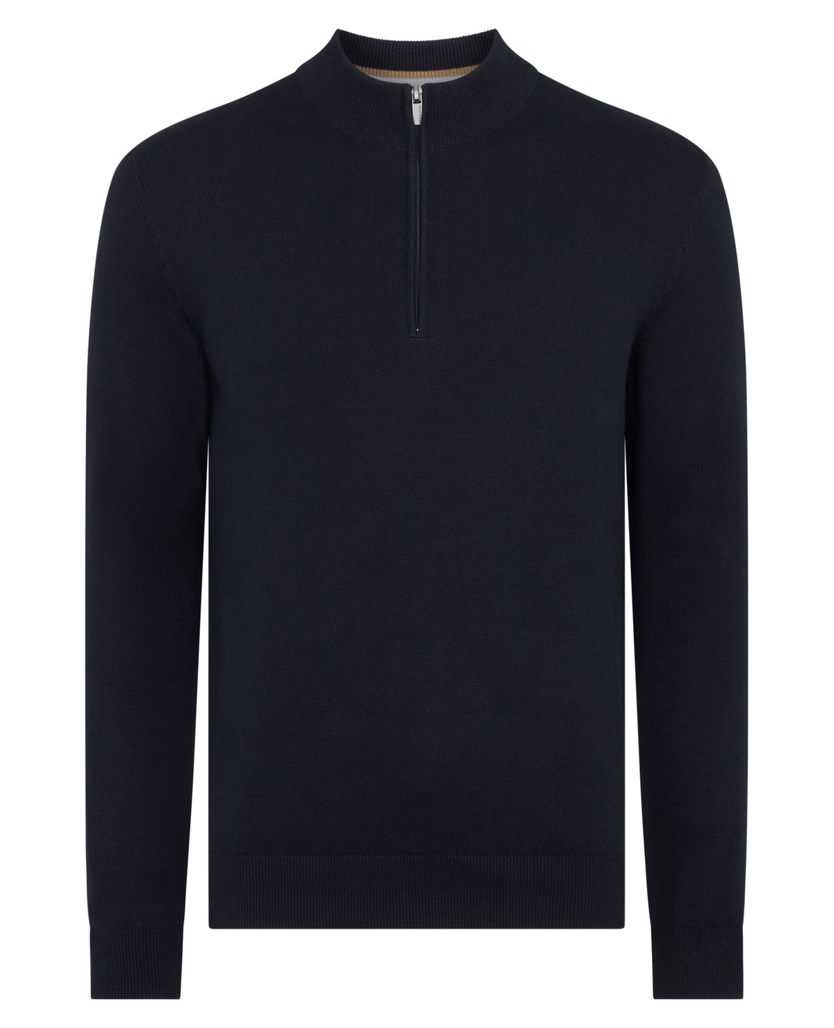 Man wearing a navy Tapered Fit Half Zip Cotton Sweater