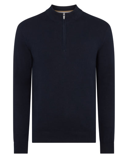 Man wearing a navy Tapered Fit Half Zip Cotton Sweater