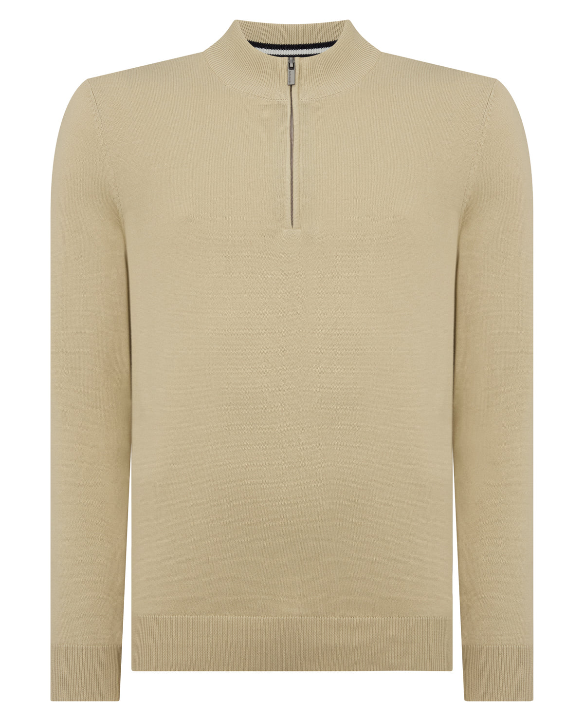 Man wearing a sand Tapered Fit Half Zip Cotton Sweater