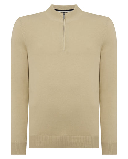 Man wearing a sand Tapered Fit Half Zip Cotton Sweater