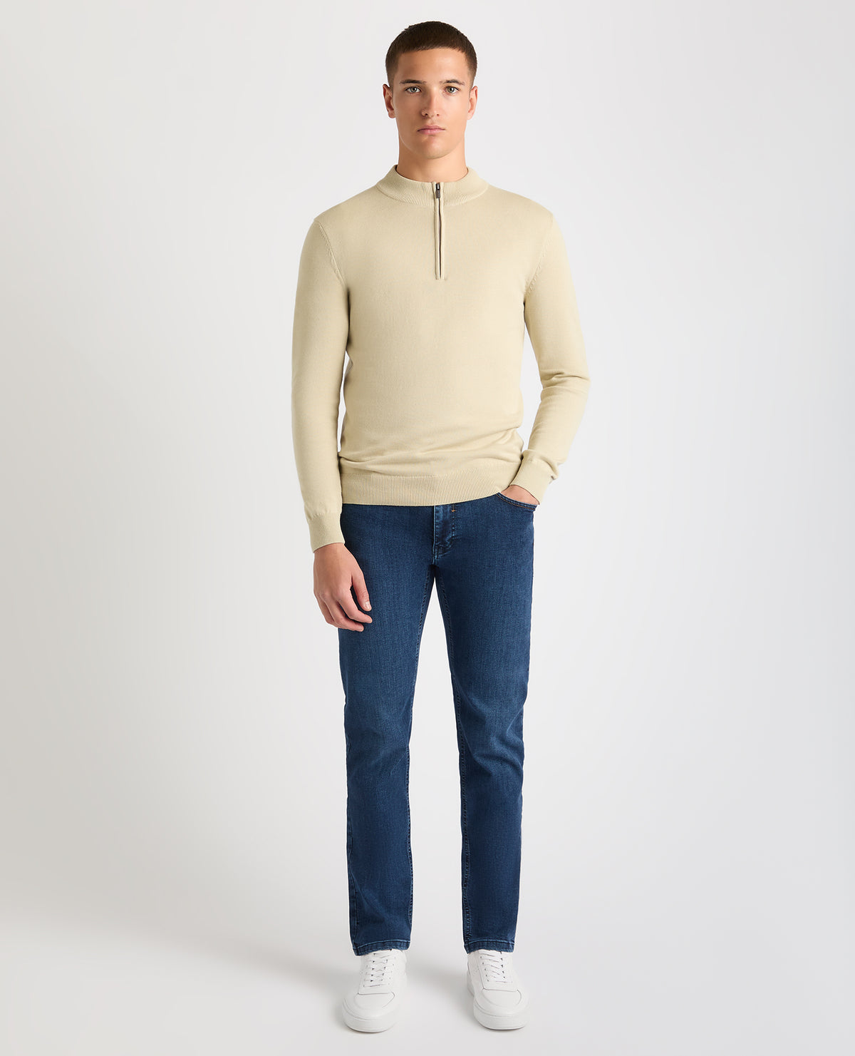 Man wearing a sand Tapered Fit Half Zip Cotton Sweater