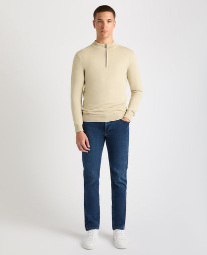 Man wearing a sand Tapered Fit Half Zip Cotton Sweater