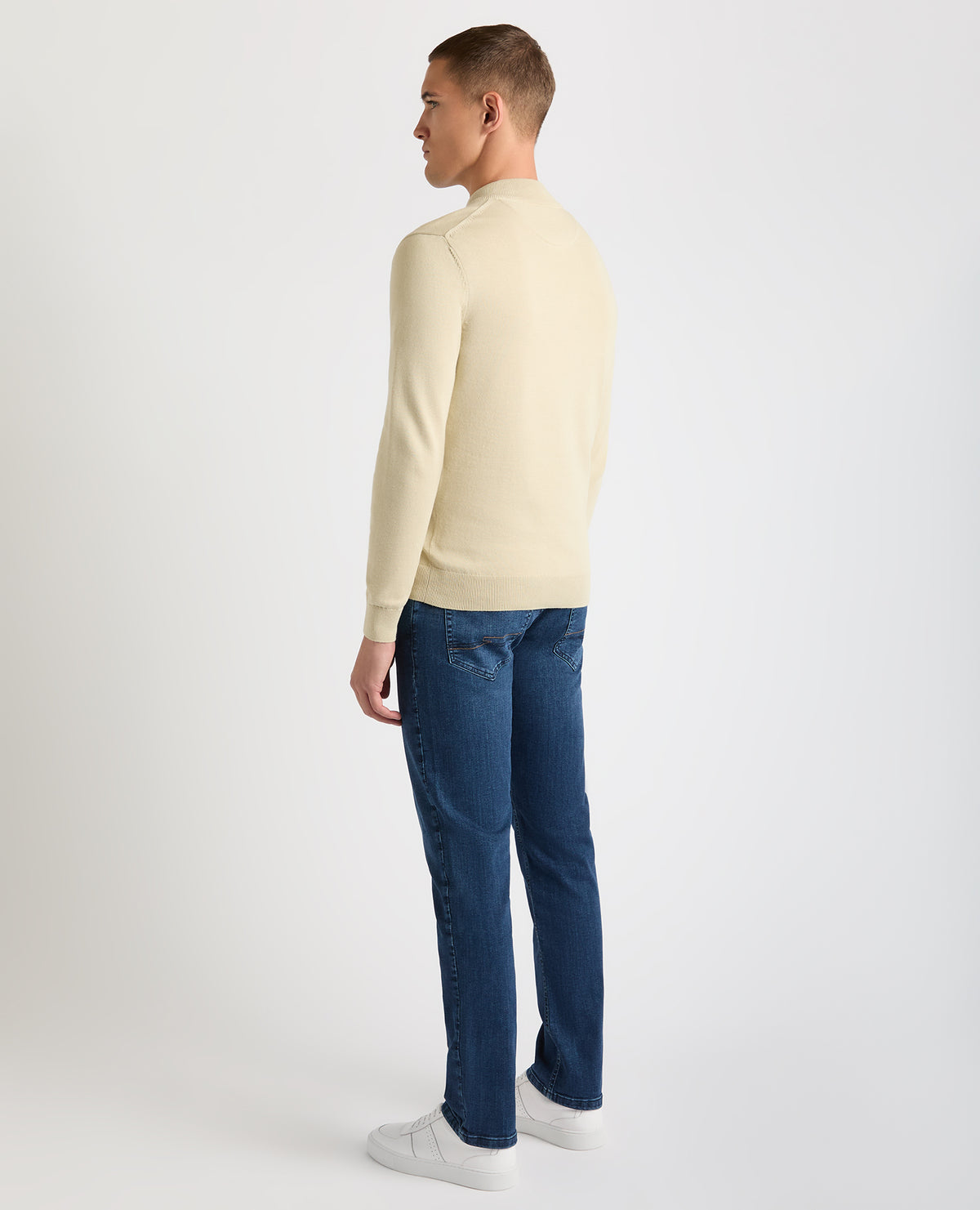 Man wearing a sand Tapered Fit Half Zip Cotton Sweater