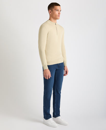 Man wearing a sand Tapered Fit Half Zip Cotton Sweater