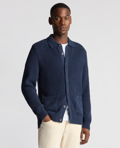 Man wearing a blue Tapered Fit Chunky Knit Cardigan