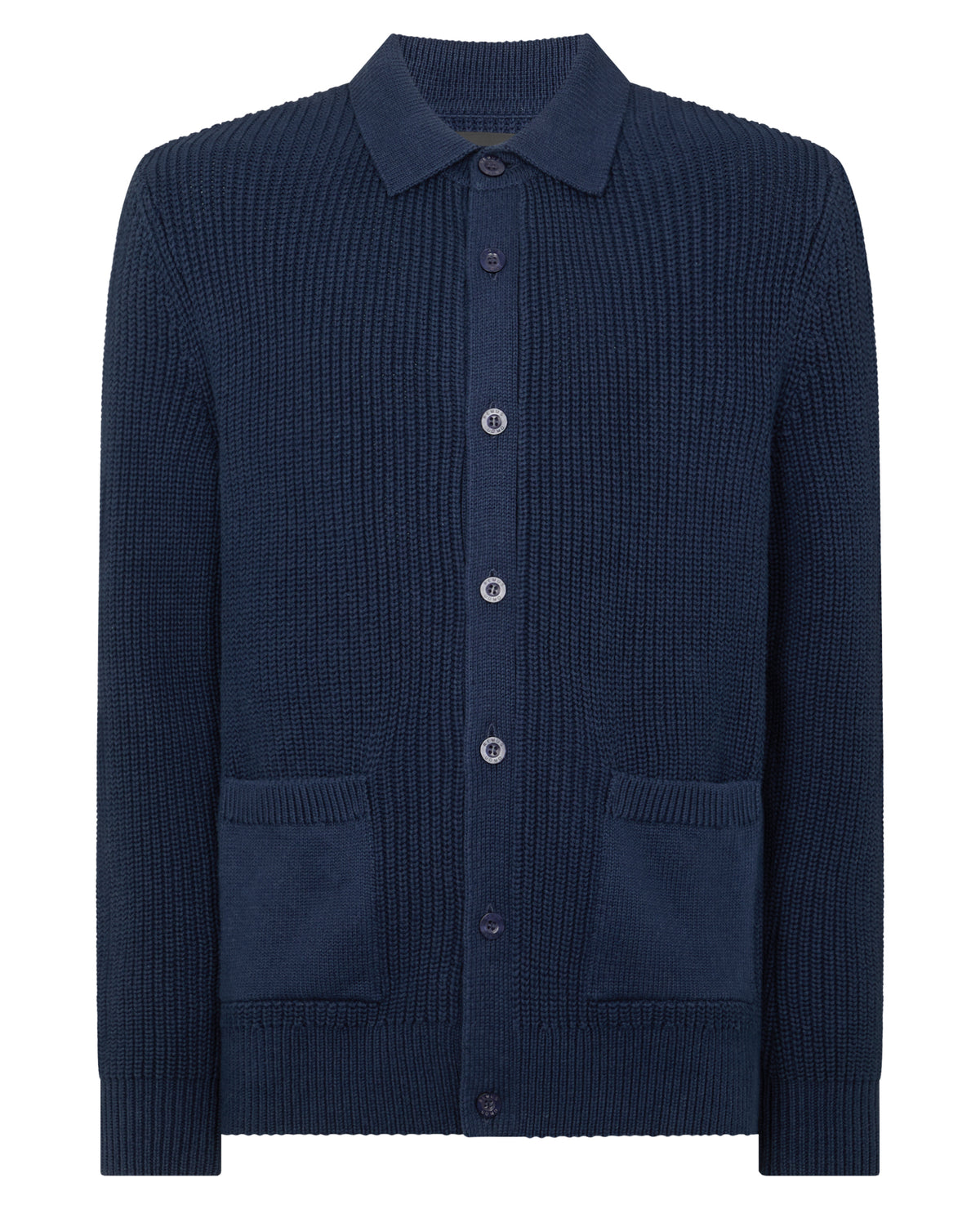 Man wearing a blue Tapered Fit Chunky Knit Cardigan