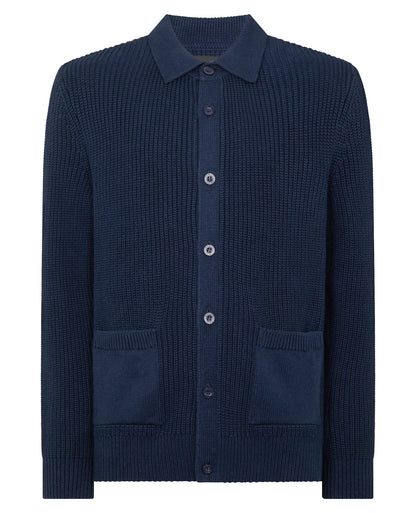 Man wearing a blue Tapered Fit Chunky Knit Cardigan