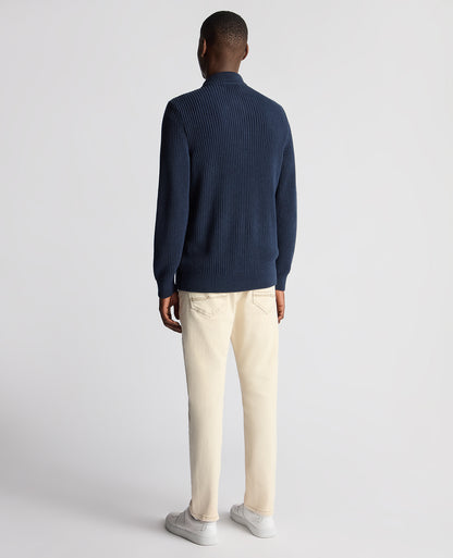 Man wearing a blue Tapered Fit Chunky Knit Cardigan