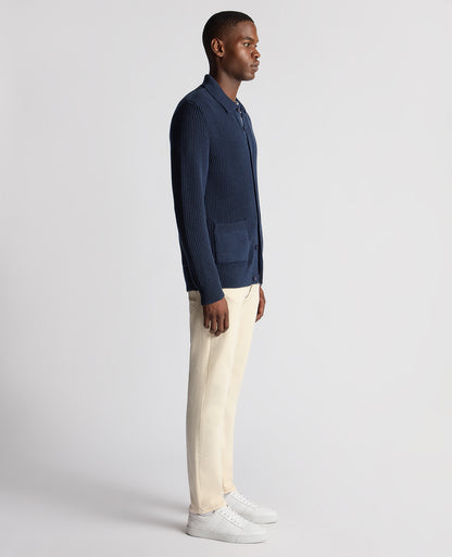 Man wearing a blue Tapered Fit Chunky Knit Cardigan
