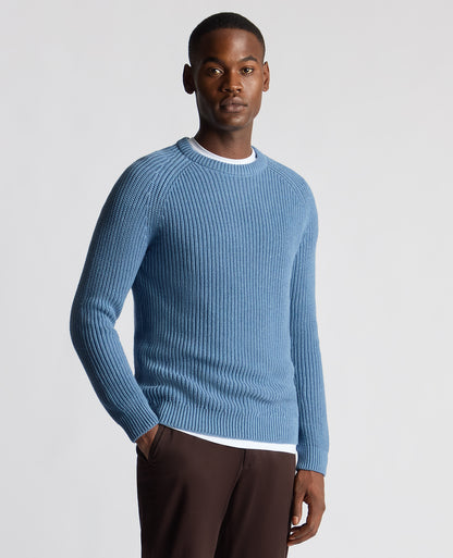Man wearing a blue Tapered Fit Cotton Crew Neck
