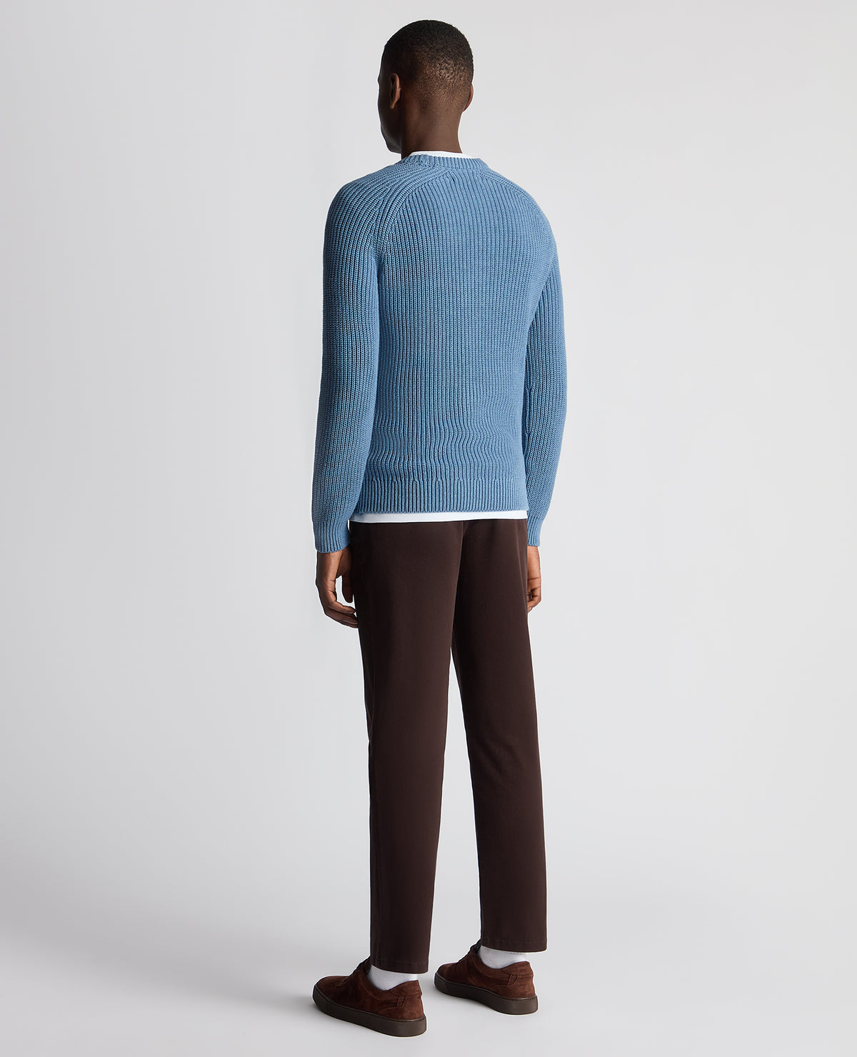 Man wearing a blue Tapered Fit Cotton Crew Neck