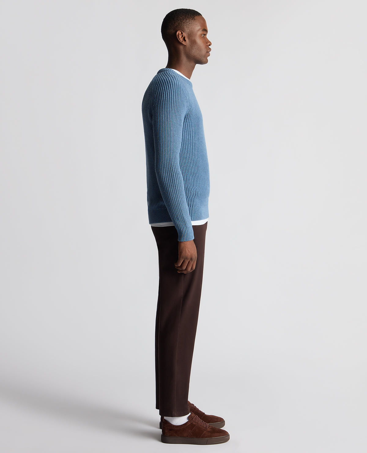 Man wearing a blue Tapered Fit Cotton Crew Neck